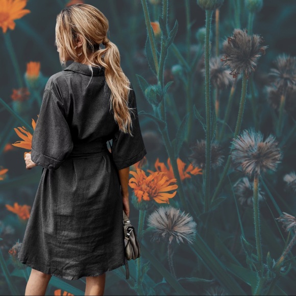 Black Denim Tie Waist Button Down V Neck Dress - Picture 6 of 10